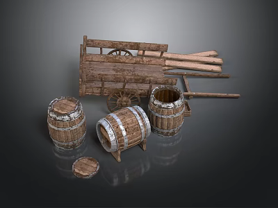 Rustic Vintage Wooden Cart With Barrels For Home Decor And Storage 3d model