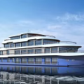 Boat Shaped Hotel Building With White Exterior Deck And Waterfront Landing Access