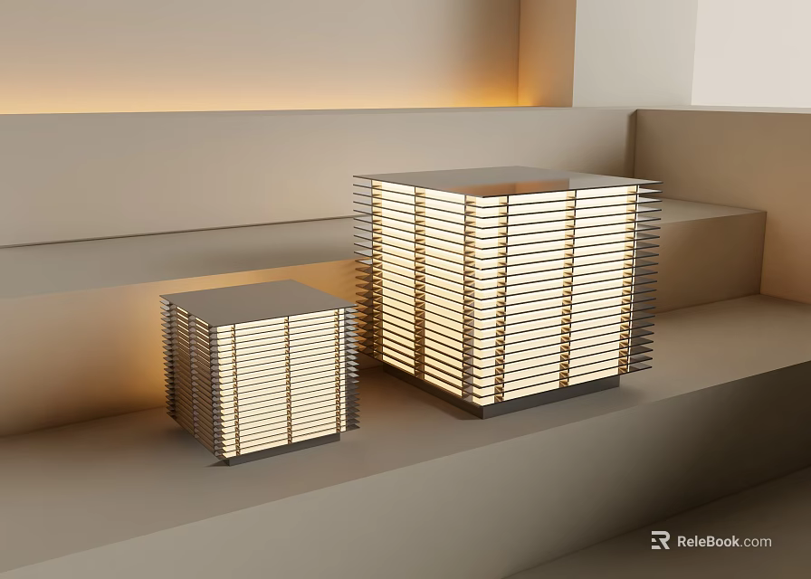 Modern Geometric Table Lamps With Striped Shade And Warm Light On Minimalist Steps 3d model 