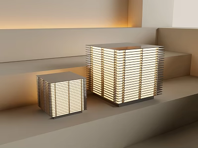 Modern Geometric Table Lamps With Striped Shade And Warm Light On Minimalist Steps 3d model