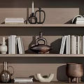 Stylish Decorative Ornament Combination on Wooden Bookshelf with Vases Teapot Pot Sculptures and Books