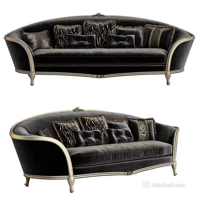 Elegant Black Multi Seater Sofa With Gold Trim And Patterned Decorative Pillows 3d model 