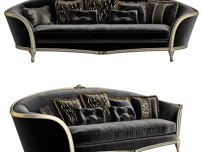 Elegant Black Multi Seater Sofa With Gold Trim And Patterned Decorative Pillows 3d model