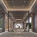 Chinese Style Reception Area With Elegant Lighting Latticed Screen Patterned Floor And Decorative Ceiling 3d model