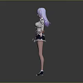 3D Game Movie Character With Purple Hair White Top And Black Short Skirt