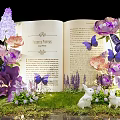 Whimsical Photo Spot With Open Book Purple Pink Flowers Butterflies White Bunnies And Green Grass