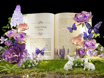Whimsical Photo Spot With Open Book Purple Pink Flowers Butterflies White Bunnies And Green Grass 3d model