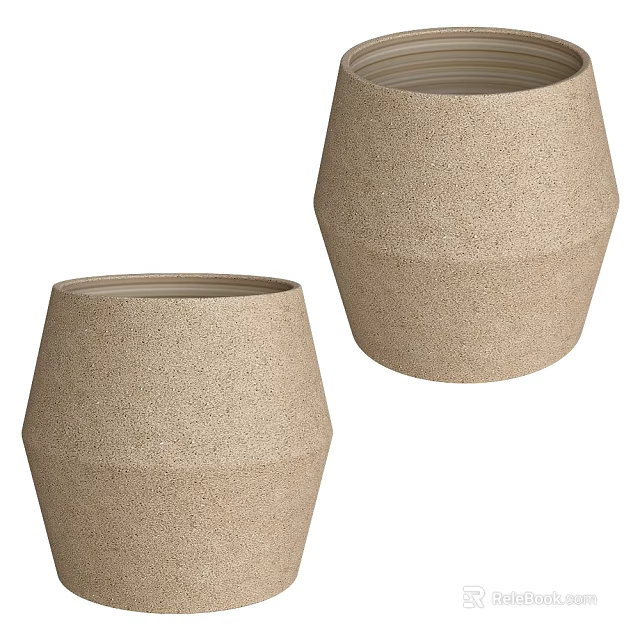 Two Beige Ceramic Vessels With Sandy Textured Surface For Modern Decorative 3d model 