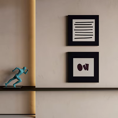 Abstract Paintings In Black Frames On Wall With Blue Running Sculpture On Shelf 3d model