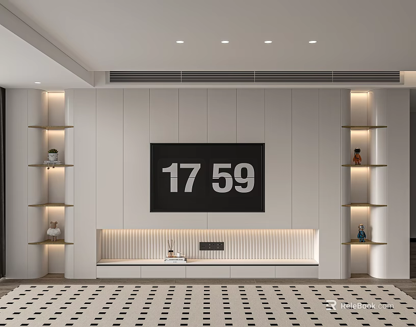 Modern Living Room White TV Stand With Lit Side Shelves And Screen 3d model 