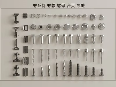 Assorted Metal Hardware Collection With Screws Nuts Bolts And Hinges 3d model