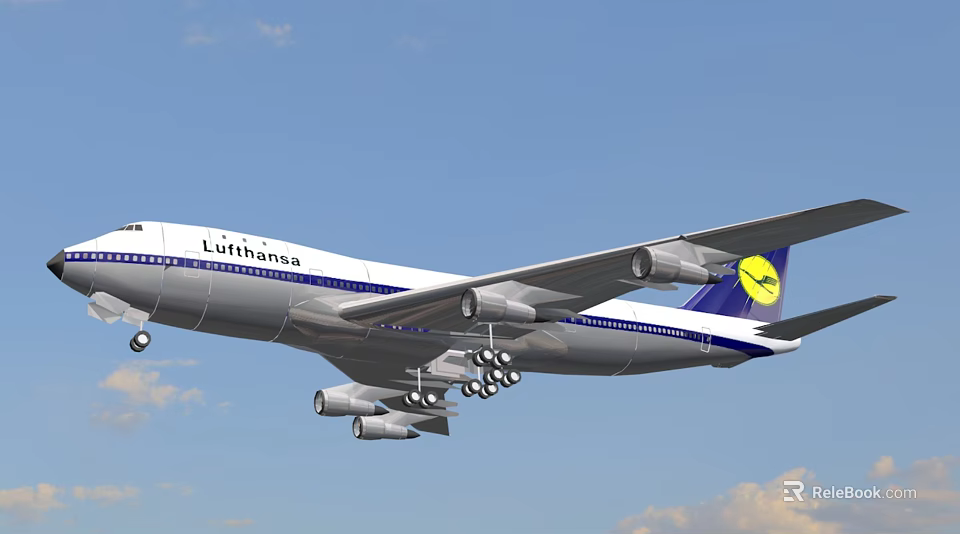 Lufthansa Passenger Plane Flying In Blue Sky With White And Blue Livery 3d model 