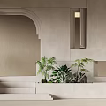 Modern Textured Beige Interior Background Wall With Archway Doorway Plants And Stairs