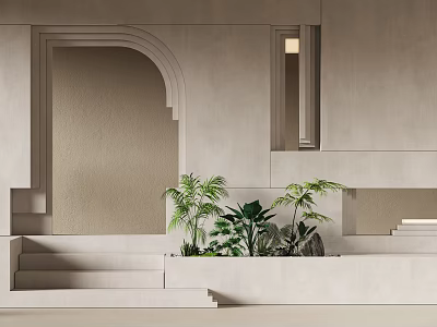 Modern Textured Beige Interior Background Wall With Archway Doorway Plants And Stairs 3d model