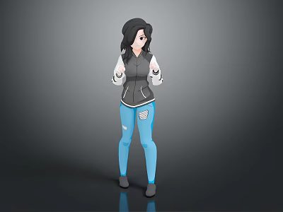 Woman With Black Hair In Black Jacket And Blue Pants Standing Against Gray Background 3d model