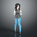 Woman With Black Hair In Black Jacket And Blue Pants Standing Against Gray Background