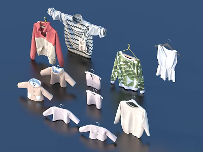 Various Stylish Clothes with Sweaters Tops and Different Patterns On Hangers 3d model