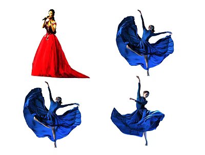 Woman in Red Dress Singing and Blue Dress Dancing with Flowing Skirts 3d model