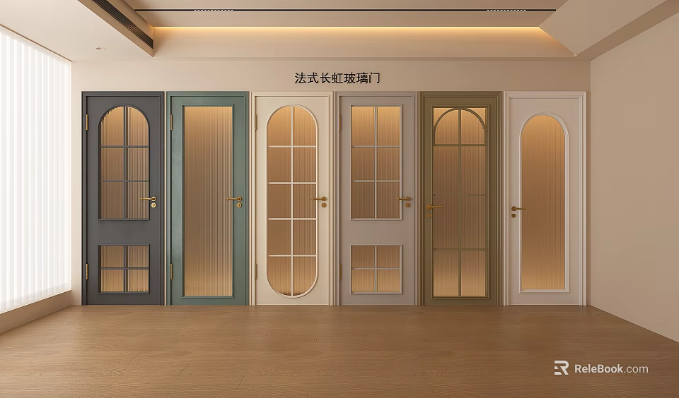 French Style Hinged Doors with Long Rib Glass and Various Colors for Interior Design 3d model 
