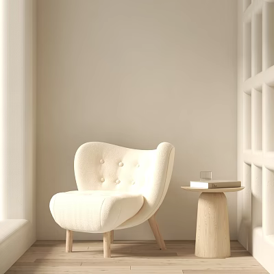 Cozy Single Sofa In Neutral Toned Room With Wooden Side Table 3d model