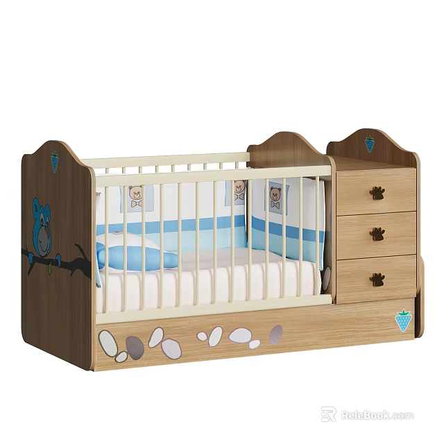 Wooden Baby Crib with Owl Branch Prints Footprints Storage Drawers and Blue White Striped Bedding 3d model 