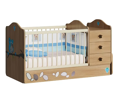 Wooden Baby Crib with Owl Branch Prints Footprints Storage Drawers and Blue White Striped Bedding 3d model