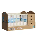 Wooden Baby Crib with Owl Branch Prints Footprints Storage Drawers and Blue White Striped Bedding