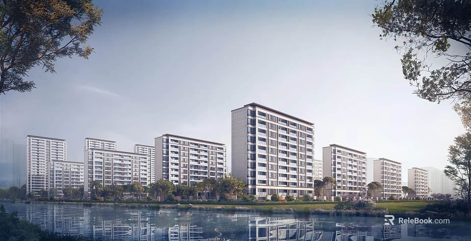 Scenic Modern Mid Rise Residential Buildings With Waterfront View And Green Surroundings 3d model 