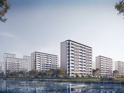Scenic Modern Mid Rise Residential Buildings With Waterfront View And Green Surroundings 3d model