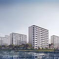 Scenic Modern Mid Rise Residential Buildings With Waterfront View And Green Surroundings