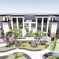 Modern Townhouses Exterior Design With White Facade Large Glass Windows Multiple Units And Greenery