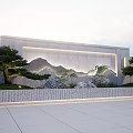 Modern Courtyard Feature Wall With Mountain Landscape Design Pine Trees And Stone Features 3d model