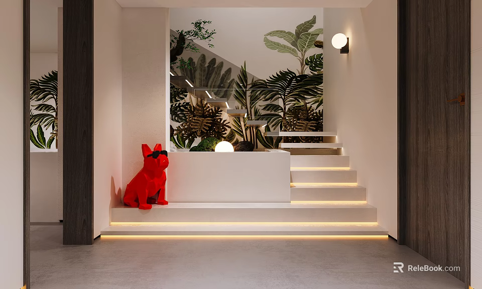 Staircase with Illuminated Steps Red Toy Dog and Green Plants in Modern Interior 3d model 