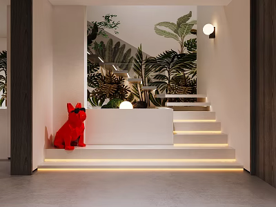 Staircase with Illuminated Steps Red Toy Dog and Green Plants in Modern Interior 3d model