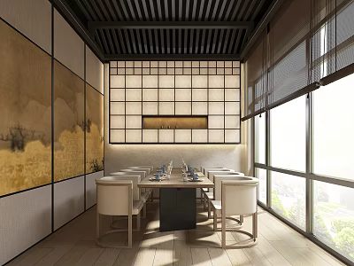 Modern Chinese Private Dining Room Interior With Wooden Table And Landscape Paintings 3d model