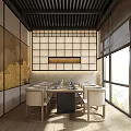 Modern Chinese Private Dining Room Interior With Wooden Table And Landscape Paintings