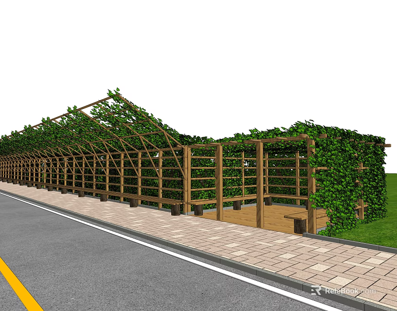 Natural Garden Landscape with Wooden Pergola Covered Green Vines Paved Walkway and Grass Area 3d model 