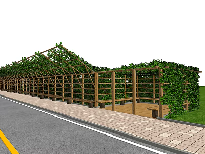 Natural Garden Landscape with Wooden Pergola Covered Green Vines Paved Walkway and Grass Area 3d model