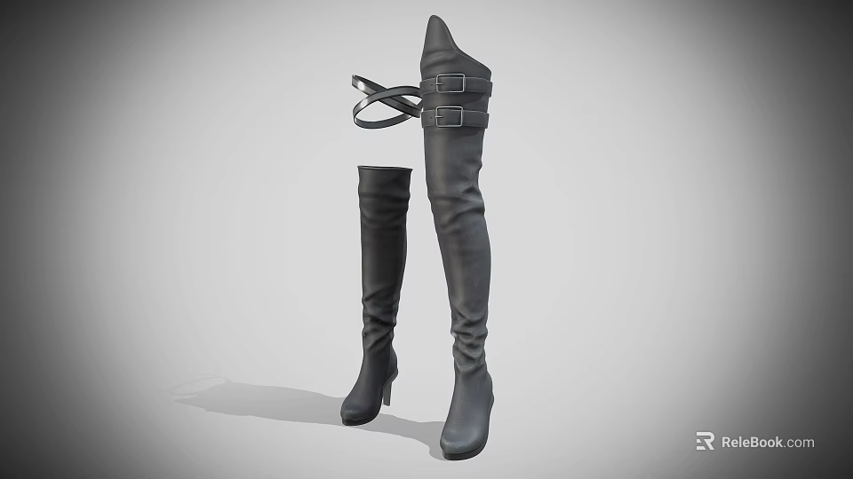 Black Leather Thigh High Boots With High Heels And Belt Buckles Design 3d model 