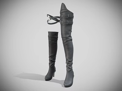 Black Leather Thigh High Boots With High Heels And Belt Buckles Design 3d model