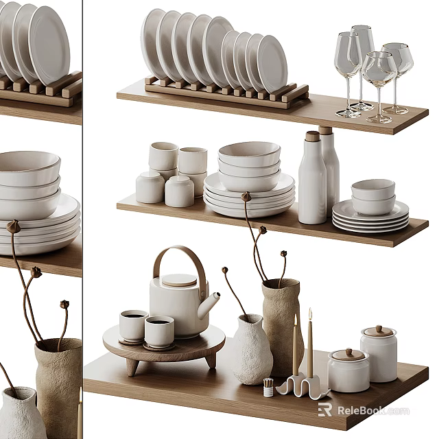 Minimalist Tableware Set On Wooden Shelves With Dishes Cups Teapot 3d model 