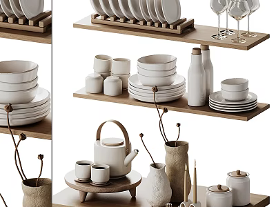 Minimalist Tableware Set On Wooden Shelves With Dishes Cups Teapot 3d model