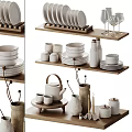 Minimalist Tableware Set On Wooden Shelves With Dishes Cups Teapot