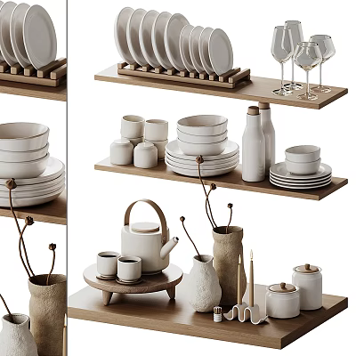 Minimalist Tableware Set On Wooden Shelves With Dishes Cups Teapot 3d model Minimalist Tableware Set On Wooden Shelves With Dishes Cups Teapot 3d model
