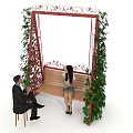 Wooden Swing Chair With Red Iron Frame And Hanging Green Vines For Outdoor Leisure