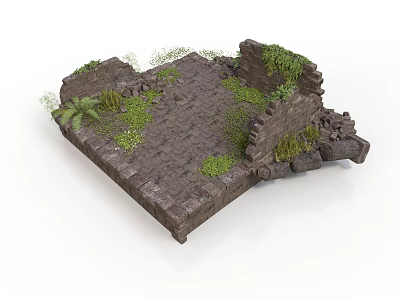 Ancient Stone Ruins With Moss Covered Walls And Green Plants On Pavement 3d model