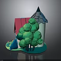 Fairy Tale House Scene With Green Trees Blue Roof Pink Walls And Round Base