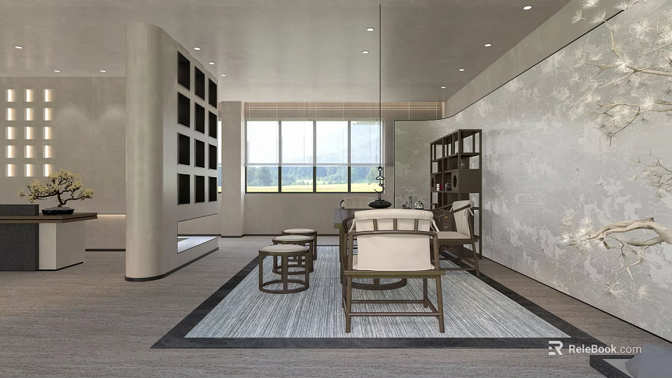 Modern Teahouse Interior With Large Windows Wooden Furniture Bookshelves And Natural Light 3d model 