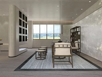 Modern Teahouse Interior With Large Windows Wooden Furniture Bookshelves And Natural Light 3d model