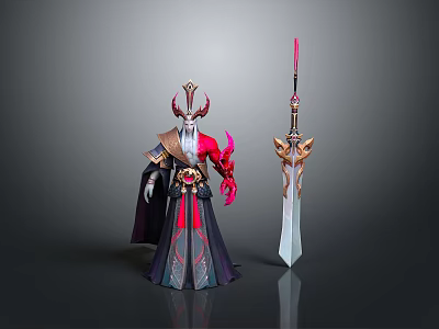 Horned Mythical Character With Red Black Attire And Ornate Golden Pink Decorative Sword 3d model
